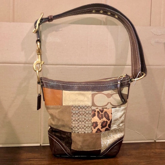 COACH Patchwork Top Zipper Crossbody Shoulder Bag Animal Print Brown Lining - Picture 4 of 17